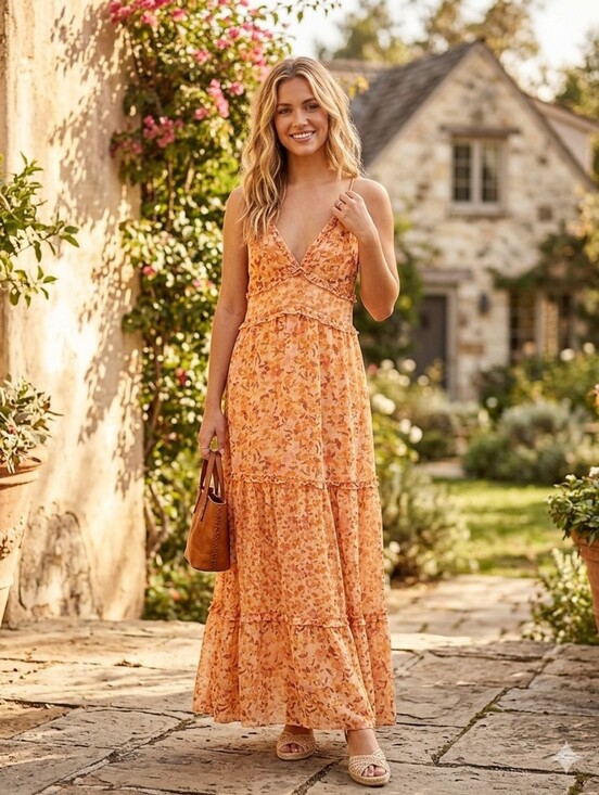 Altar'd State Dresses & Skirts - Altar'd State Orange Floral V-Neck Tiered Maxi Dress